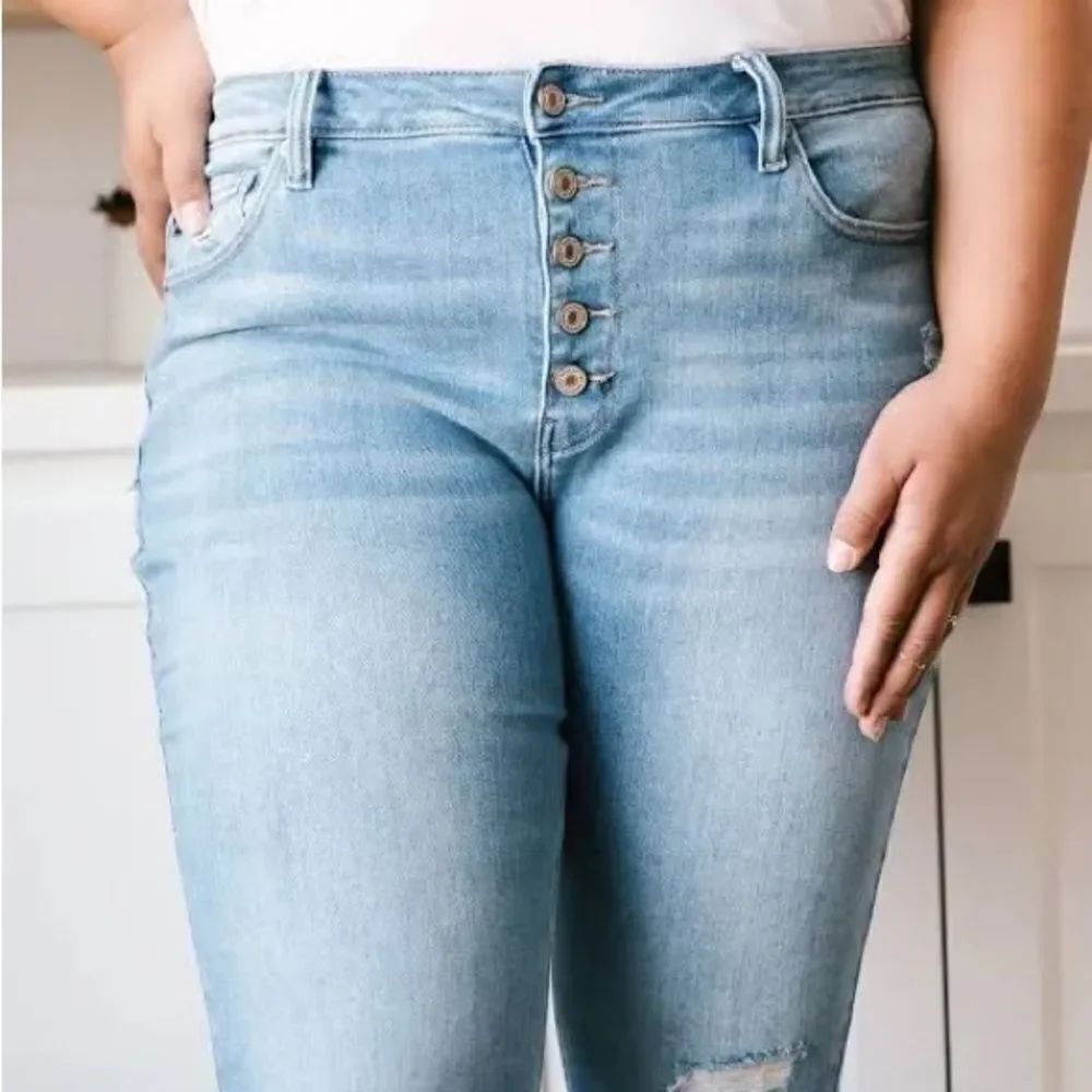 KanCan Mama Jean Light Wash Distressed Button-Fly Jeans